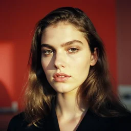 film photography from 7 0 s, close - up portrait, young fashion model, red room, soft light, golden hour, in style of joel meyerowitz