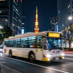 long exposure of downtown tokyo at night as a bus drives by, light trails, motion blur, iso 1 0 0 f / 1 1, photorealistic