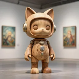3 d octane render ultra 8 k photorealistic hyper detailed unreal engine a, vhs, futurepunk, concept art, trending on cgsociety, artwork masterpiece, in a contemporary art gallery, lossless quality, wooden sculpture statue on feet art toys, a very cute mystical robot of the bohemian with cats ears artwork by aoshima chiho