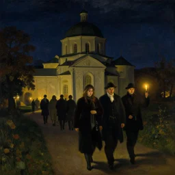 nuns walking to the convent by candlelight in the night art by anders zorn, wonderful masterpiece by greg rutkowski, beautiful cinematic light, american romanticism thomas lawrence, greg rutkowski