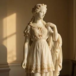 crustcore vagrant in cottagecore dress as a marble statue, ultra detailed, golden hour, indoors, f 1. 4, 4 0 0 0 k