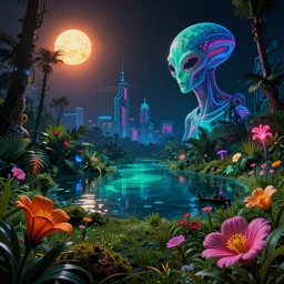 nature by salvador dali, tron futuristic at night thermal imaging alien nature myst darkacademia neon signs morning sun flowers magic realism meadow fisheye rainforest uv light lake neon noir, archdaily, wallpaper, highly detailed, trending on artstation.