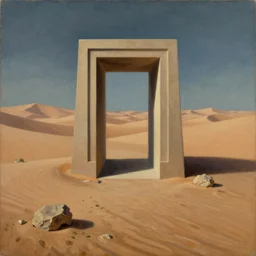 Desert with a portal, oil painting by Rene Magritte