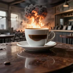 A cup of coffee in a destroyed cafe reflecting the destroyed surroundings after a nuclear breakout, intense aura, 8k photography, intricate, smooth, sharp focus, close shot, perfect reflections