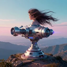 teleportation machine on a mountaintop, with the wind blowing through your hair and the feeling of being on top of the world by, style of synthwave