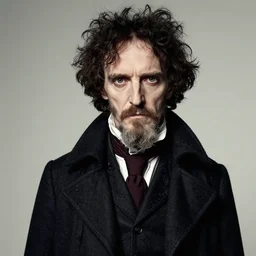 stunning editorial fashion photography of edgar allen poe, fu manchu beard, creative studio photography by patrick demarchelier