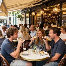 eating or drinking on the terrace of a french restaurant, bar, or cafe, happiness, busy, highly detailed, by james jean, by rossdraws, frank franzzeta, mcbess