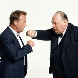 Modern color photography of two different people fighting, Bruce Willis punching Winston Churchill
