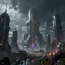 futuristic megacity, nightmare horrorcore landscape, acid metal deep colors!, a photograph taken by beksinski gammell giger matte painting unreal engine
