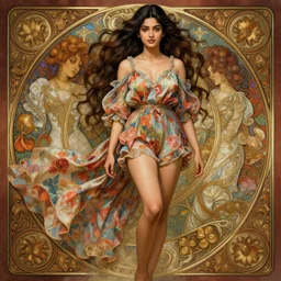 cute tamil woman with a beautiful face and eyes, long hair, wearing a flowery romper, long legs, fantasy, intricate, full body shot, sexy, highly detailed, digital painting, artstation, concept art, wallpaper, smooth, sharp focus, realistic photo by artgerm and greg rutkowski and alphonse mucha