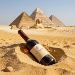 wine buried in desert with the pyramids in the background, artistic, hot