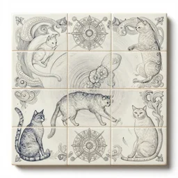 tilework of cats by Chie Yoshii and Casey Weldon and Guillermo del toro and , ornate, dynamic, particulate, rich colors, intricate, elegant, highly detailed, centered, digital painting, artstation, concept art, smooth, sharp focus, illustration, octane render