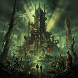 steampunk cybercity in a swamp, godrays, cinematic, poster art by james gurney, weta studio, lucasfilm jesper ejsing, mucha, ilya kuvshinov, greg rutkowski frank frazzeta on artstation