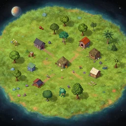 offset overhead view of a small colony, on an alien grassland, on an alien planet, from a space themed point and click 2 d graphic adventure game, art inspired by thomas kinkade
