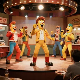 a pizza place with a stage with animatronics singing, 6 0 s photo