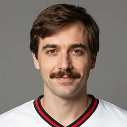 A man with short brown hair that has parted bangs and has a short moustache on his face, has brown eyes, and a smile on his face, 35 years old, wearing a white shirt with a black and red v-neck, portrait, headshot, photograph, real life, 4K resolution, studio quality, highly detailed,