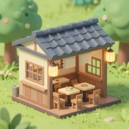 outside view of miniature lovely ramen shop with chinese lamps, table and chairs, situated in a park, studio ghibli style, hayao miyazaki drawings, spirited away, clean, low poly art, detailed, isometric view, artstation, behance, global illumination, 3 d illustration, kawaii, pastel colors