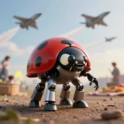 ground level shot of a ladybug on a life size robotic ( my little pony ). the ladybug has hands and legs. in the background an air show with jets. maybe a picnic? professional, high quality, dramatic lighting, dof, bokeh, action
