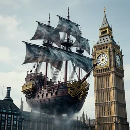 highly detailed photography of a ghostly pirate ship flying above big ben. london. intricate, hyper realism, professional digital art, unreal engine 5, 8 k render, sharp focus, trending on art station.