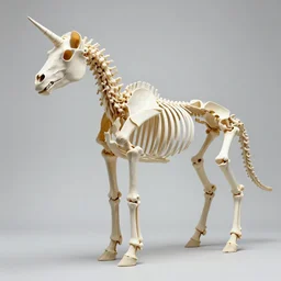 complete unicorn skeleton in a museum, detailed photograph