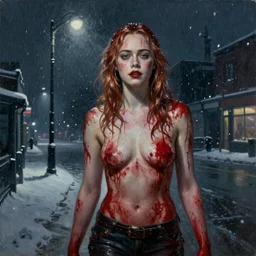 Elle Fanning covered in blood in the world of Edward Hopper, stormy snowy weather, streetlights, extremely detailed masterpiece, oil on canvas, low-key neon lighting, artstation, Blade Runner 2049, Roger Deakin’s cinematography, by J. C. Leyendecker and Peter Paul Rubens,