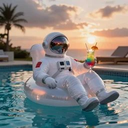 spaceman in an inflatable ring in a swimming pool with a colored cocktail in hand at sunset time