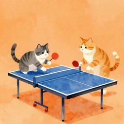 dos gatos jugando al ping pong, orange background, vibrant watercolor