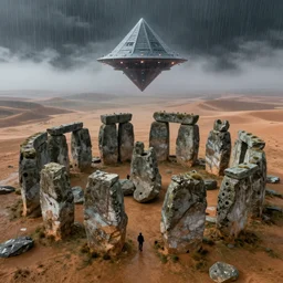 ! dream rugged stonehenge, alien technology inverted triangle spacecraft, dense fog on rainy nights, rich colors, future science fiction, and rarely visited desert oasis. mysteries, simple by victo ngai, kilian eng and jake parker, anton fadeev, 2 d, overhead lens