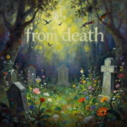 'Life from death' An aesthetic horror baroque painting depicting 'A graveyard with plants and flowers growing, birds and insects flying around' by Wayne Barlowe, Trending on cgsociety artstation, 8k, masterpiece, cinematic lighting, vibrant colors.