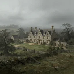 matte painting of a countryside landscape of a village with a 1 8 th century manor. gloomy, fog, elaborate, detailed digital art trending in artstation