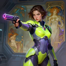 Exhausted good looking  young  women wearing neon coloured armour suit in a space station pointing gun at viewer, elegant, intricate, retrofuturistic digital painting, artstation, concept art, smooth, sharp focus, illustration, art by artgerm and greg rutkowski and alphonse mucha
