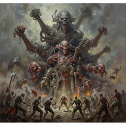 oil paint of 1 1 horrifying gangrene machines in tiers, insane speed of dethroning melee, battle pit, by wayne d barlowe, boris vallejo, stefano tamburini, torch light, muted colors, epic, hyper detailed, awe inspiring, award winning horror, hyper realism, cinematic