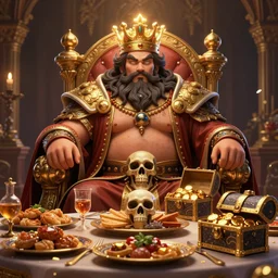 an intricate concept art, illustration, a fat bearded king, feasting on a table full of food, skull throne, treasure chest full of gold, glowing crown, ultra photorealistic, pinterest, artstation, cgsociety, global illumination, pinterest, digital art, hyper detail, anime colors, style by wlop, hyperrealistic octane render, 8 k