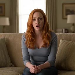 amazing beautiful Christina Hendricks with an amazed look on her face in the living room, film still from the movie directed by Denis Villeneuve , wide lens