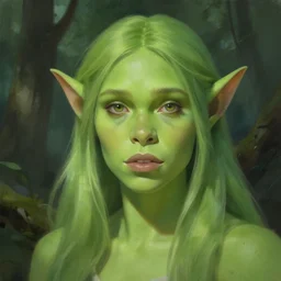 green orc female, light green tone beautiful face in forest, by jeremy mann, by greg rutkowski, by noah bradley, digital painting