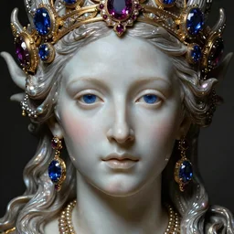 astonishing beautiful portrait render of baroque female demon with perfect skin and identical eyes of sapphire by  Louise Élisabeth Vigée Le Brun, ultra realistic, hdr, dramatic lighting, macro lenses, face, sculpture, painting, who wearing dramatic headdress, award winning , classic, trendind on Artstation, pinterest, jewelry, gold, silver, ruby ,sapphire, woman demon, pearlescent, maximalist