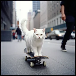 leica s photograph, kodachrome film, subject is a white furry cat skateboarding down broadway in nyc