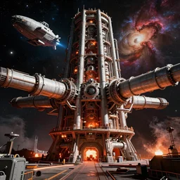 rich colors, high contrast hyperreal deep space dock mining platform with massive piping inspired by nuclear reactor core, peter elson, millennium falcon space - station vuutun palaa submarine, ilm, beeple, star citizen halo, mass effect, starship troopers, elysium, the expanse, iron smelting pits, high tech industrial, dramatic nebula sky, volumetric lighting