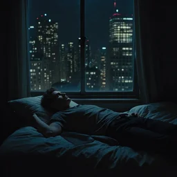 man laying on bed night time looking out window at dark city scape bladerunner 2049 still shot muted colors beautiful cinematography