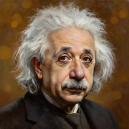stunning serene portrait of Albert Einstein by Mark Arian, oil on canvas, masterpiece, realism, piercing gaze, autumn bokeh
