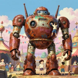 memorable animation key shot, anime movie screenshot, kids climbing the giant bulbous rusty robot schwerer gustav!!!!, colorful bunting, flags, festival, bold grafitti!!, rust, ghibli, themepark, by mandy jurgens, by satoshi kon, ilya repin, lena aenami, shinji kimura, daylight pastel color palette
