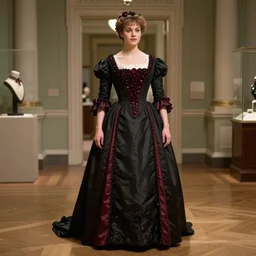 the film still photographed image is of a beautiful, antique dress that would have been worn to an opera performance in the early 1 9 0 0 s. the dress is black with accents of garnet and maroon, and it is clear that the designer was inspired by the planet pluto. the dress is currently on display in a museum. vibrant cinematography, anamorphic lenses, upscale, hyper realistic photo,