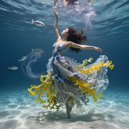 beautiful woman dancing underwater wearing a very long flowing dress made of many translucent layers of silver and blue lace seaweed, bolts of bright yellow fish, caustics lighting from above shines on the sandy bottom, swirling silver fish, swirling smoke shapes, octane render, cinematic, hyperdetailed