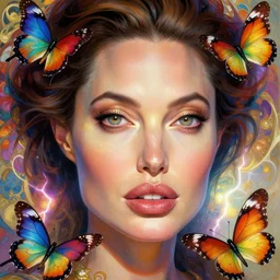 colorful butterflies, build a portrait of angelina jolie, detailed eyes, intricate, vibrant colors, glowing light, ambient lightning, digital painting, highly detailed, ray tracing, artstation, concept art, smooth, sharp focus, illustration, art by artgerm and greg rutkowski and alphonse mucha, 8 k