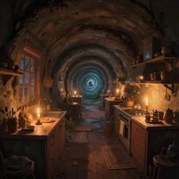 weird spiral perspective epic illustration of a kitchen dim lit by 1 candle in a scenic environment by anton fadeev from lorax movie