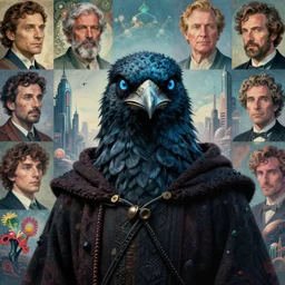 realistic detailed portrait movie shot of a birdman wearing dark robes, sci fi city landscape background by denis villeneuve, amano, yves tanguy, alphonse mucha, ernst haeckel, max ernst, roger dean, masterpiece, rich moody colours, blue eyes