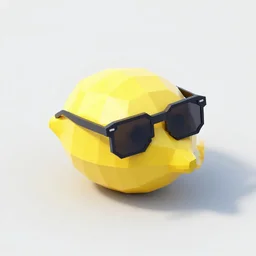 an isometric view render of a low polygon lemon wearing sunglasses