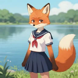 an anthropomorphic fox girl wearing a japanese school outfit, fluffy tail, two pointed ears, beautiful lake background, illustration by greg rutkowski, thomas kindkade, loish, artstation, furaffinity, deviantart