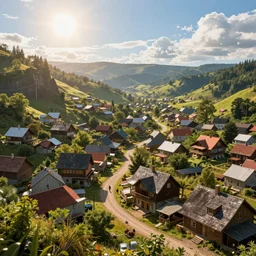 country town, fantasy, day light, sun, wide angle, highly detailed, rich bright colors, trending on artstation