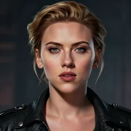 portrait of scarlett johansson as street fighter character, detailed face, dark fantasy art, fantasy, pretty, hd shot, digital portrait, beautiful, artstation, comic style, by artgerm, guy denning, jakub rozalski, magali villeneuve, neoartcore and charlie bowater